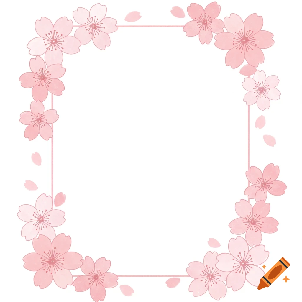 A square frame made of pink cherry blossoms and petals on a white background.