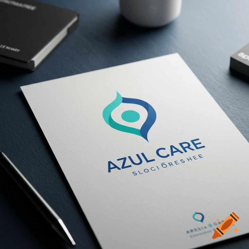 Logo mockup on paper showing 'Azul Care' logo with stylized icon, pen, and notebook.