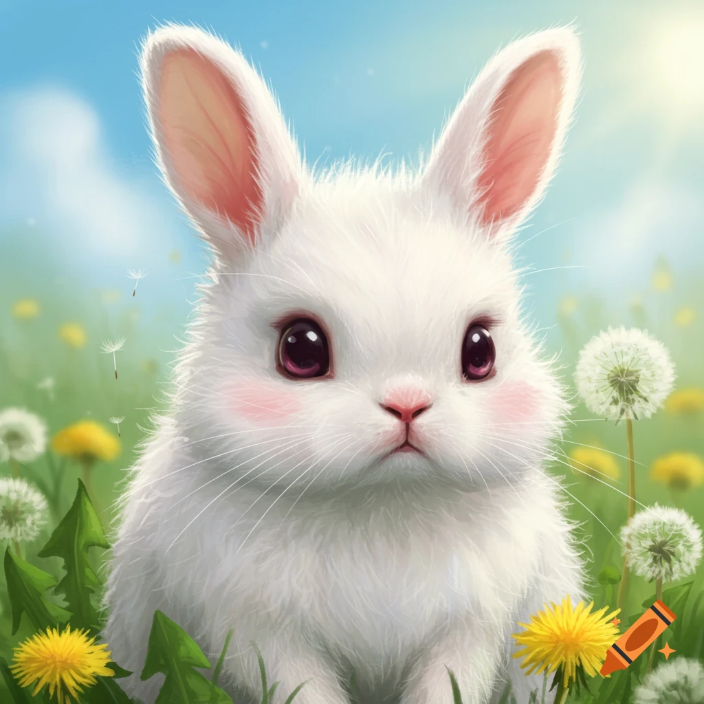 A fluffy white baby bunny with big eyes sits in a field of dandelions under a sunny sky.