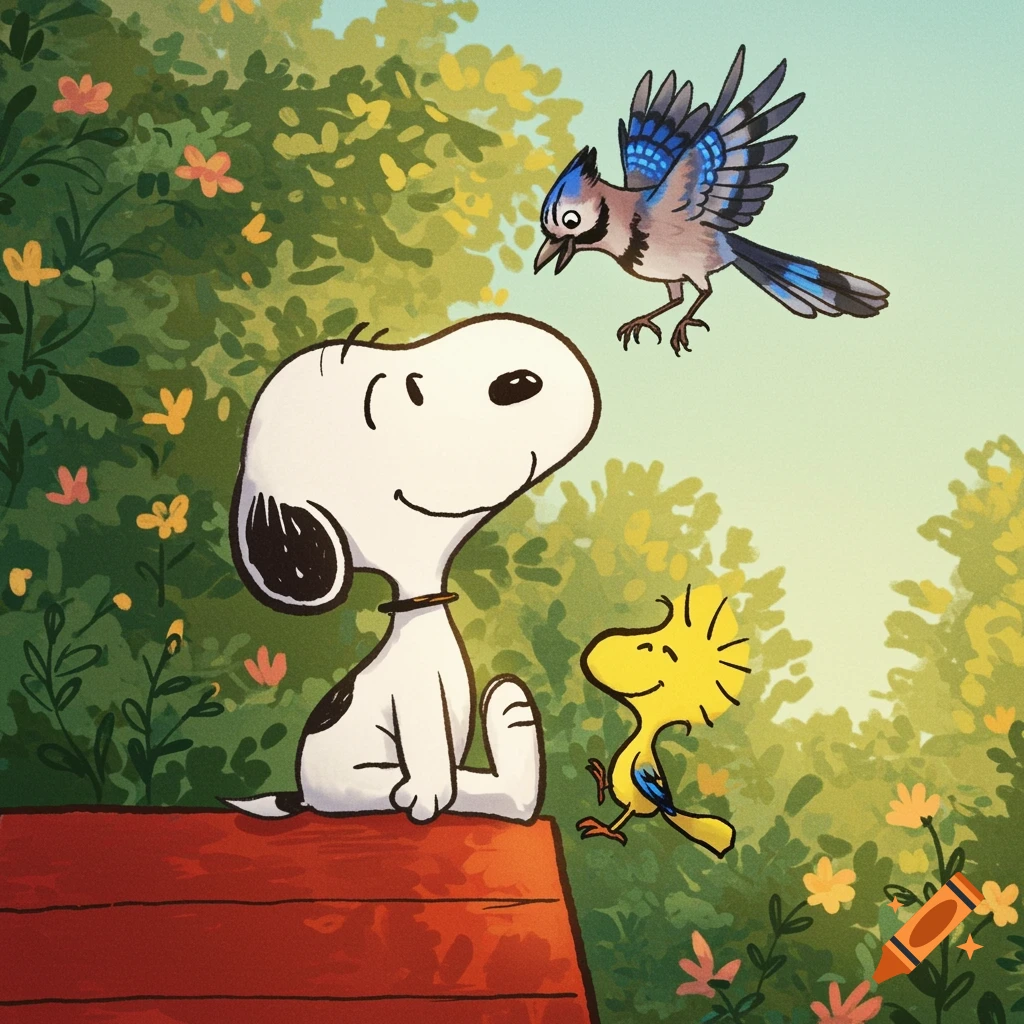 Snoopy, Woodstock, and a blue jay interact in a cheerful cartoon garden scene.