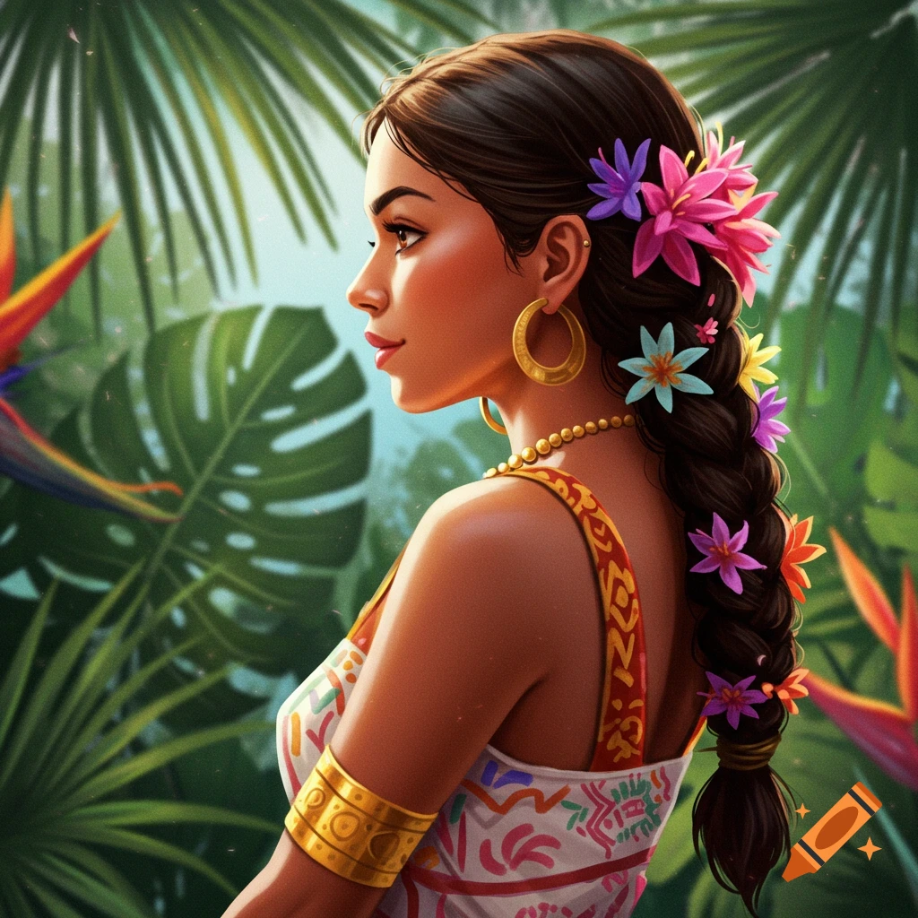A woman with flowers in her braided hair and a tropical background.