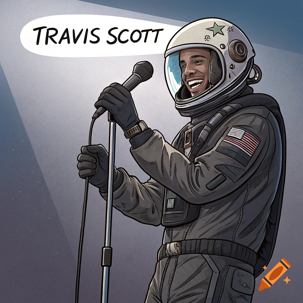 Illustration of Travis Scott in an astronaut suit holding a microphone