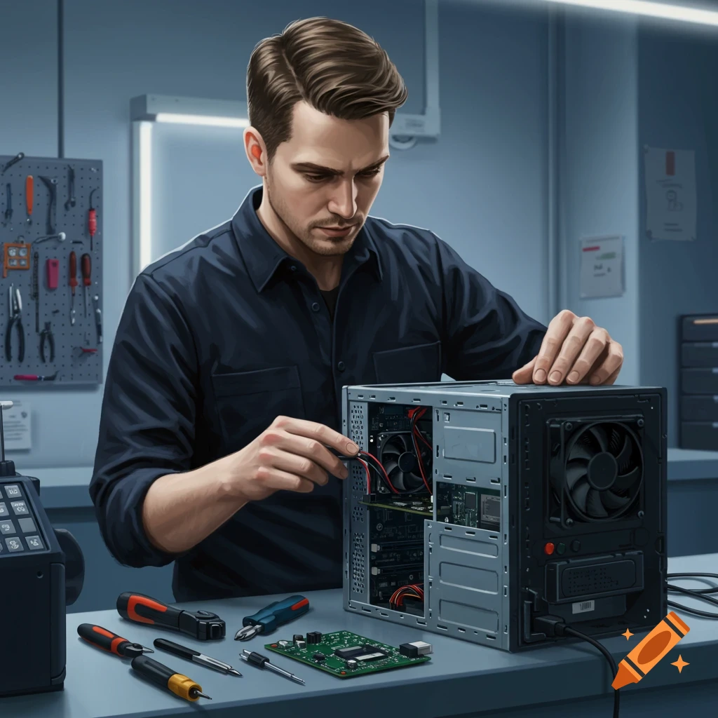 A man servicing a computer case.