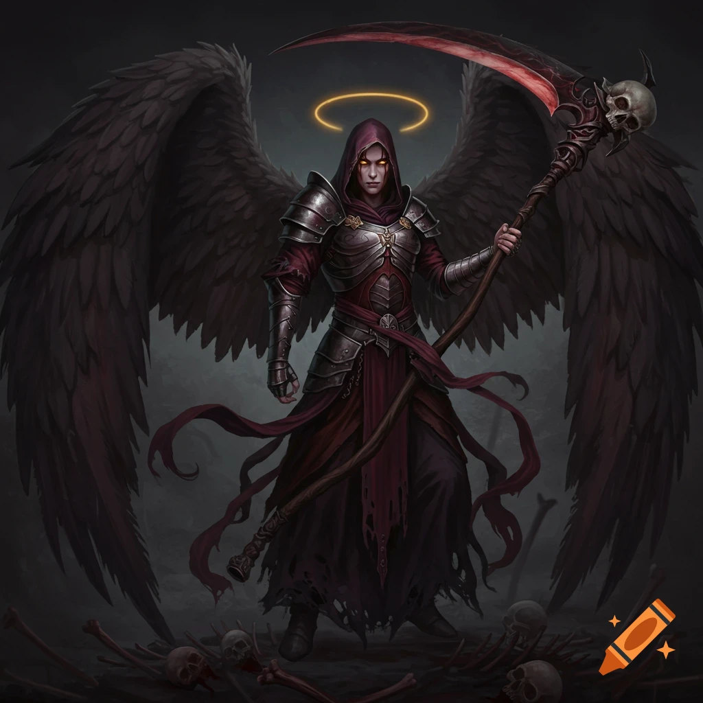 A dark angel necromancer with black wings, holding a scythe, stands over bones and skulls.
