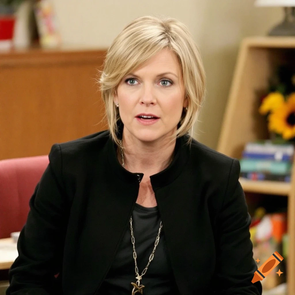 A woman with blonde hair in a black jacket and star necklace looks slightly off-camera in an office setting.