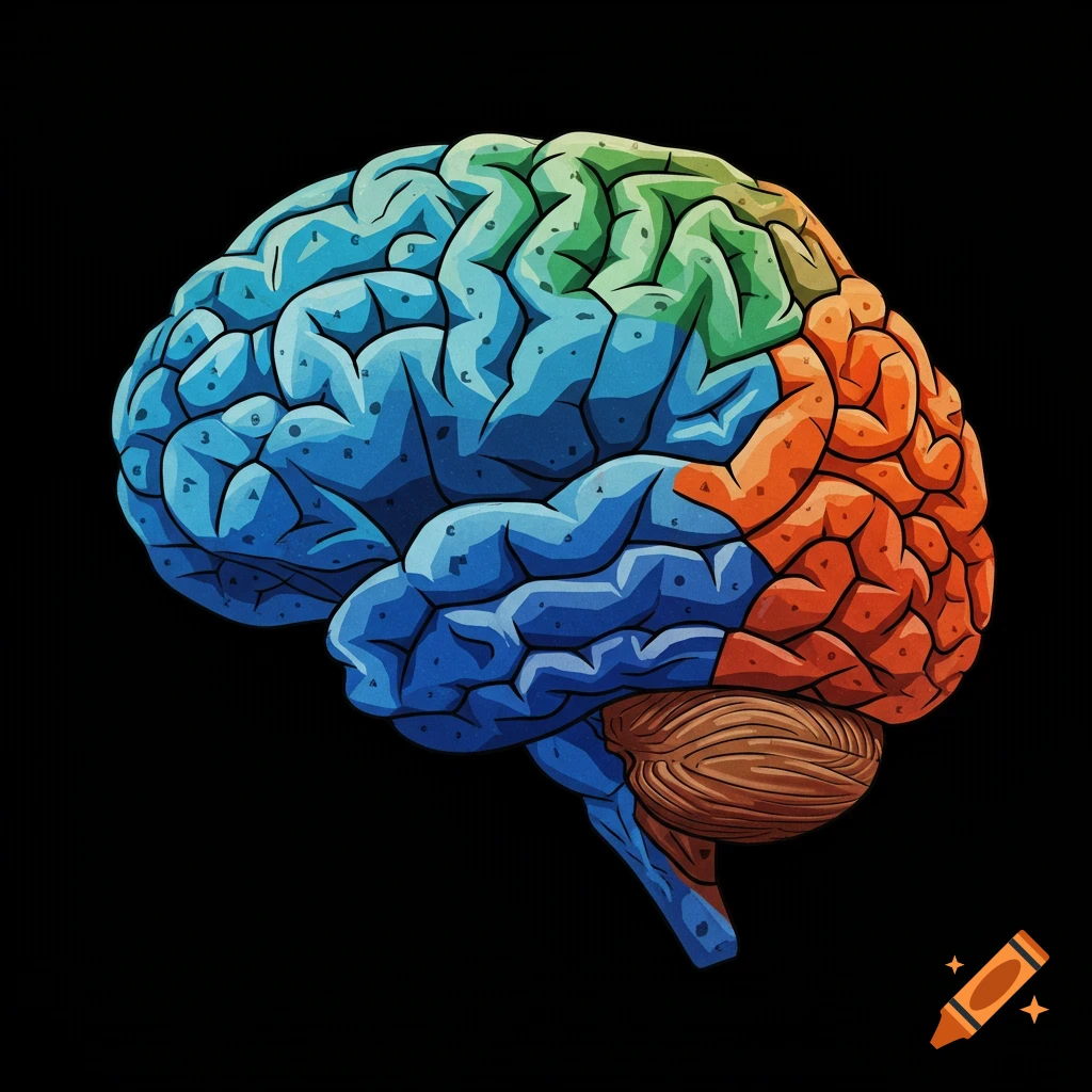 A human brain divided into colored lobes, styled as a mosaic.