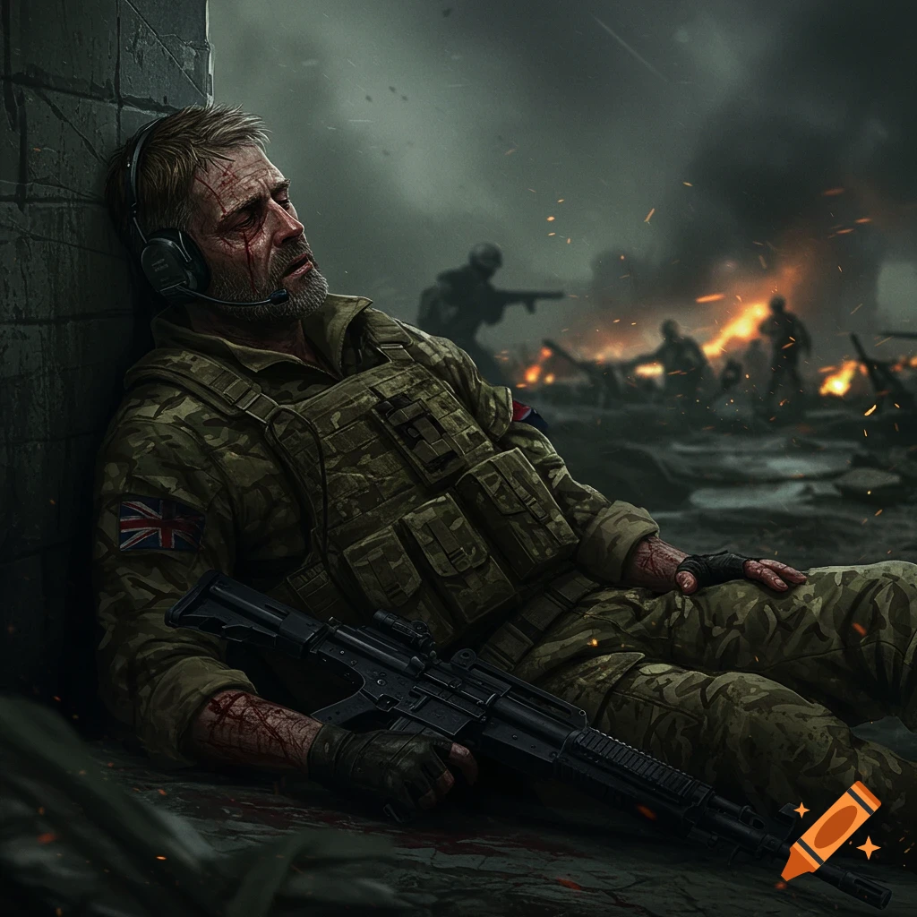 Image of a wounded soldier in uniform sitting against a wall in a warzone.