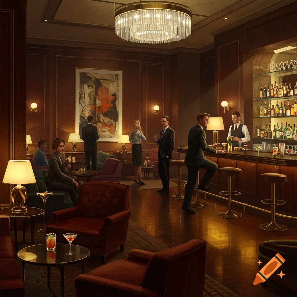 A corporate cocktail lounge with people socializing