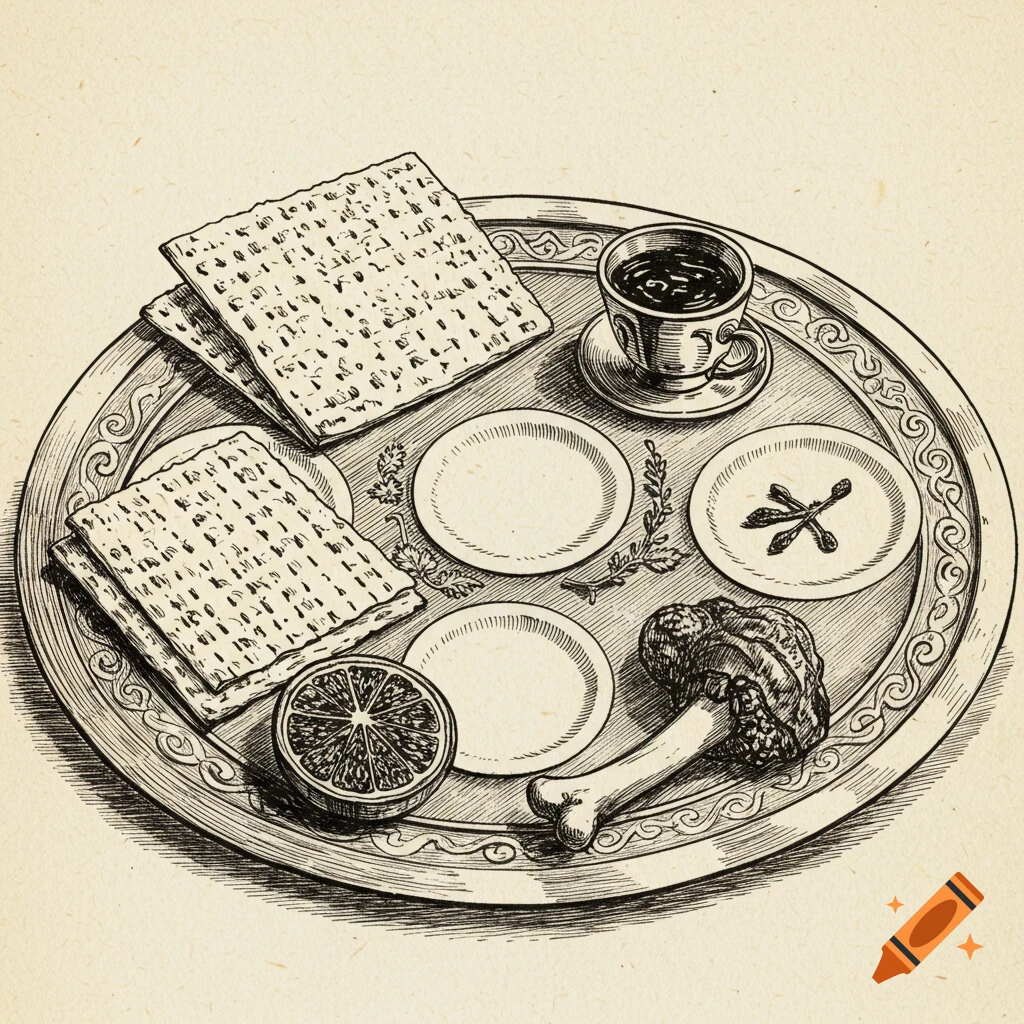 Ink drawing of a seder plate with matzah, cup, and other items.
