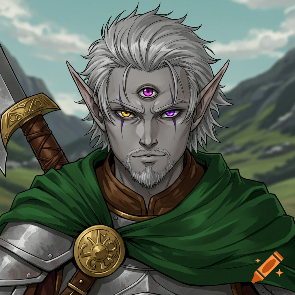 An anime fantasy character with gray skin, three eyes, armor, and a green cape.