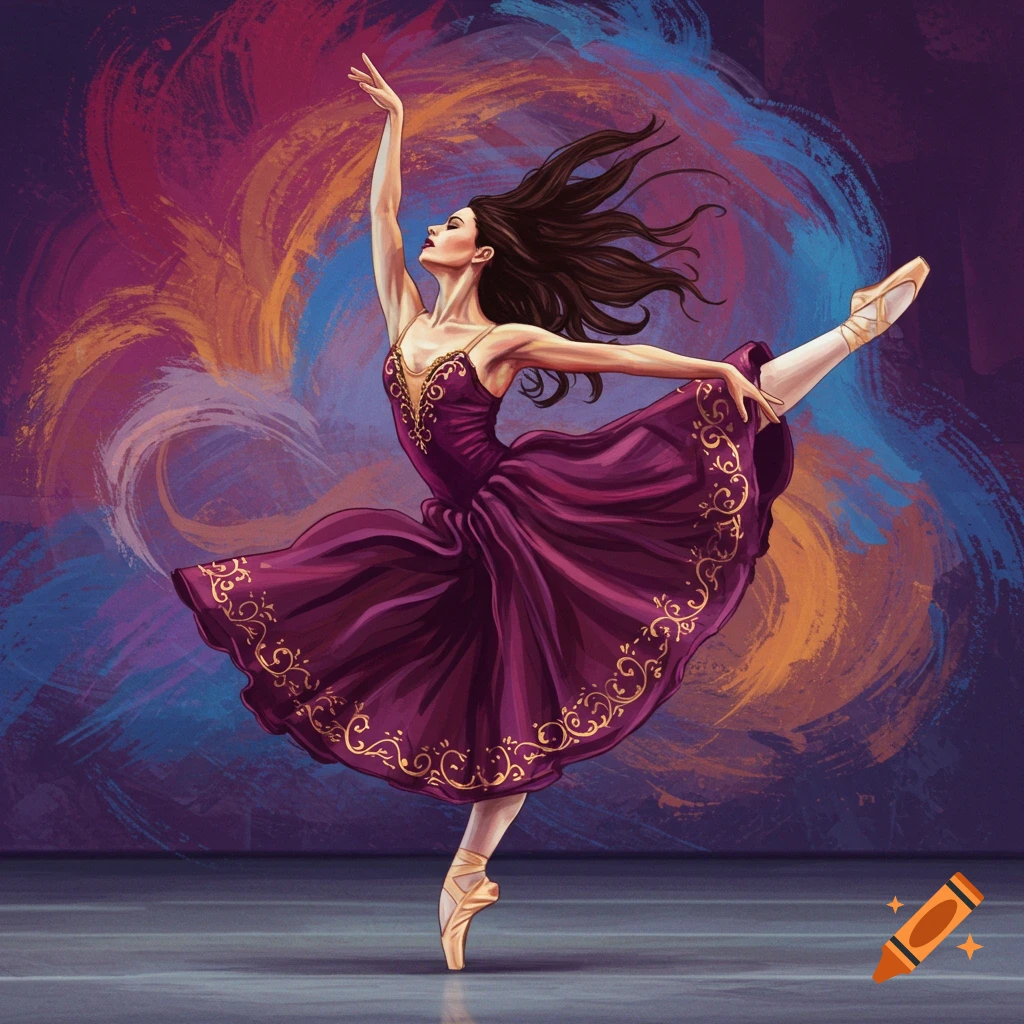 Ballerina in a purple dress dancing against a colorful abstract background.