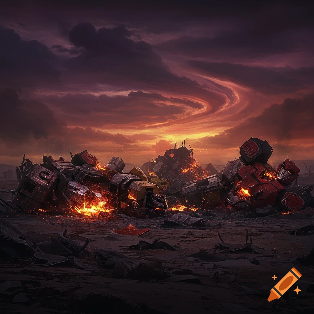 Destroyed giant robots burning under a dramatic sunset sky.