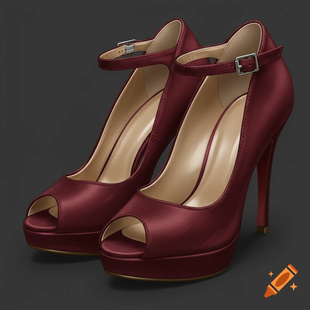 Two dark red high-heeled peep-toe shoes.