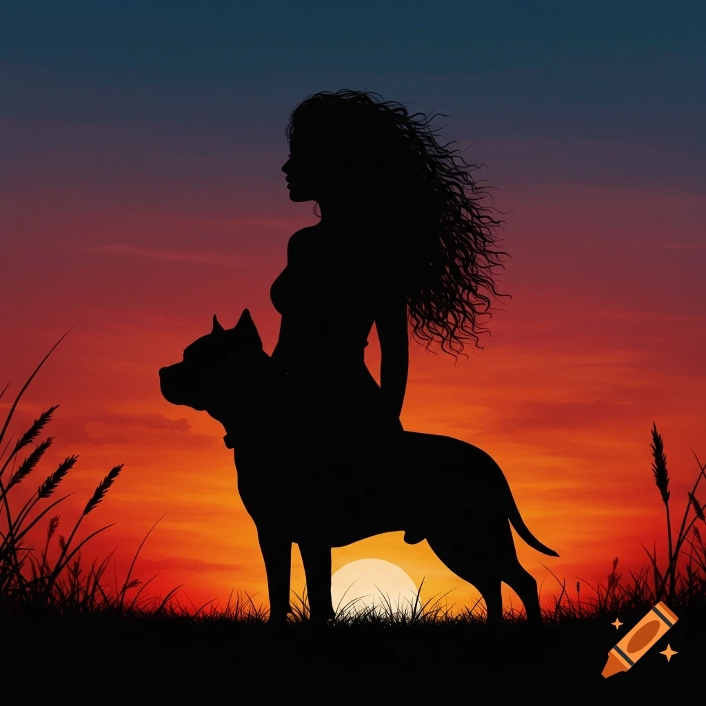 Silhouette of a woman and a pit bull standing in grass against a sunset sky.