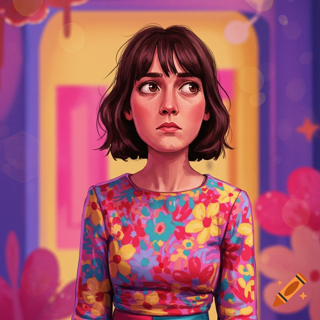 A woman with short brown hair and a colorful floral shirt