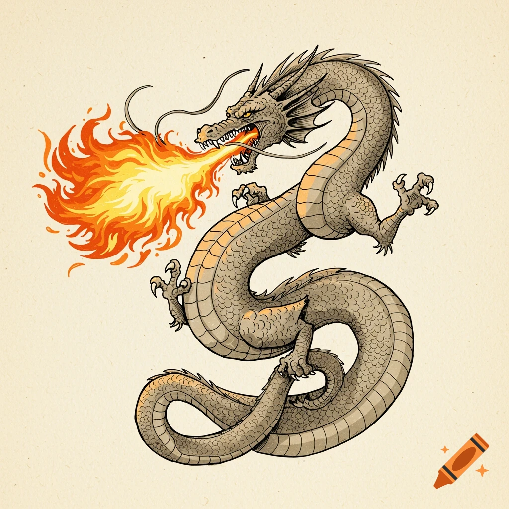 A vintage illustration of a dragon breathing fire.