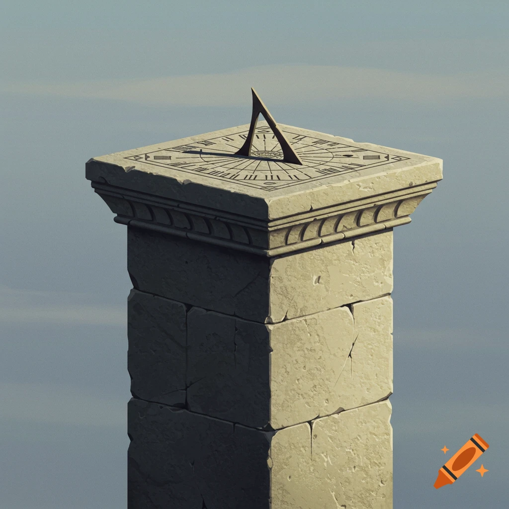 A stone pillar topped with a sundial against a clear sky.