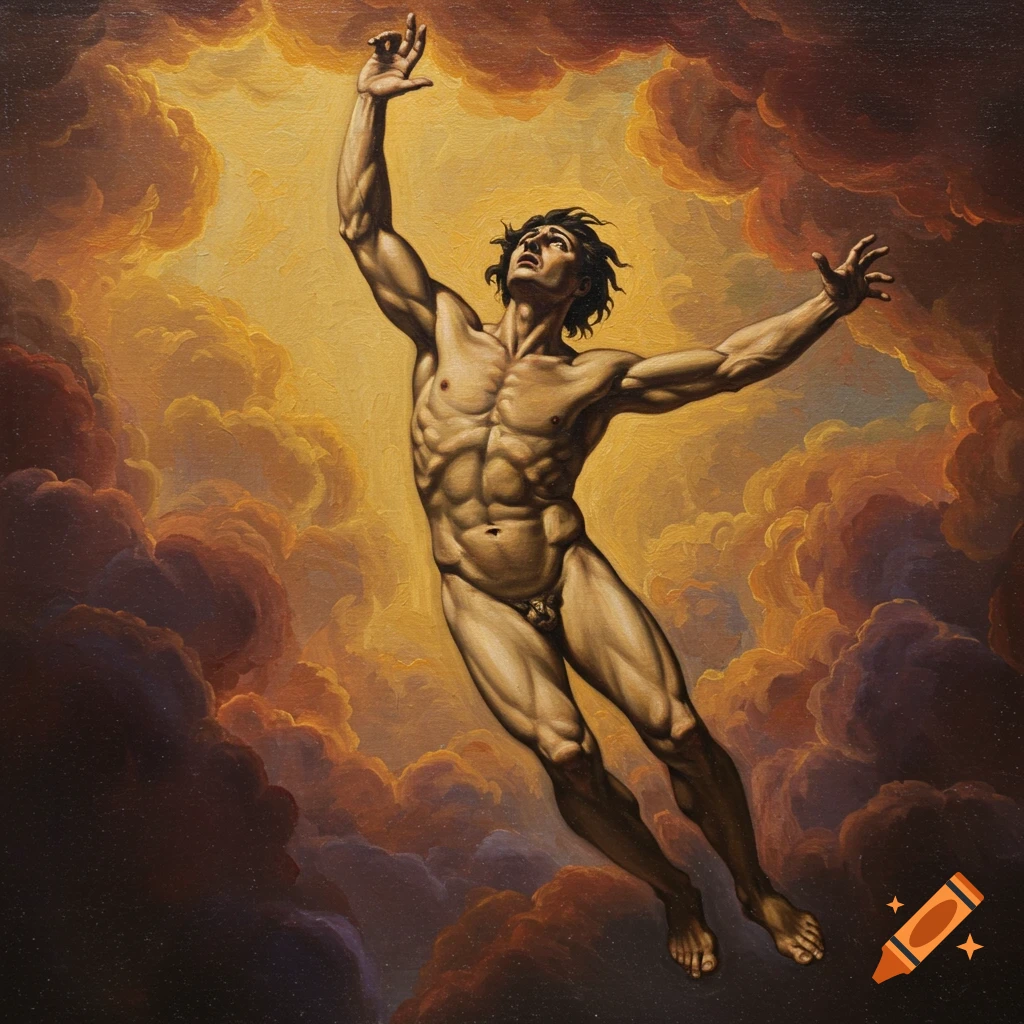 Muscular nude figure falling through dramatic orange clouds in a Renaissance painting style.
