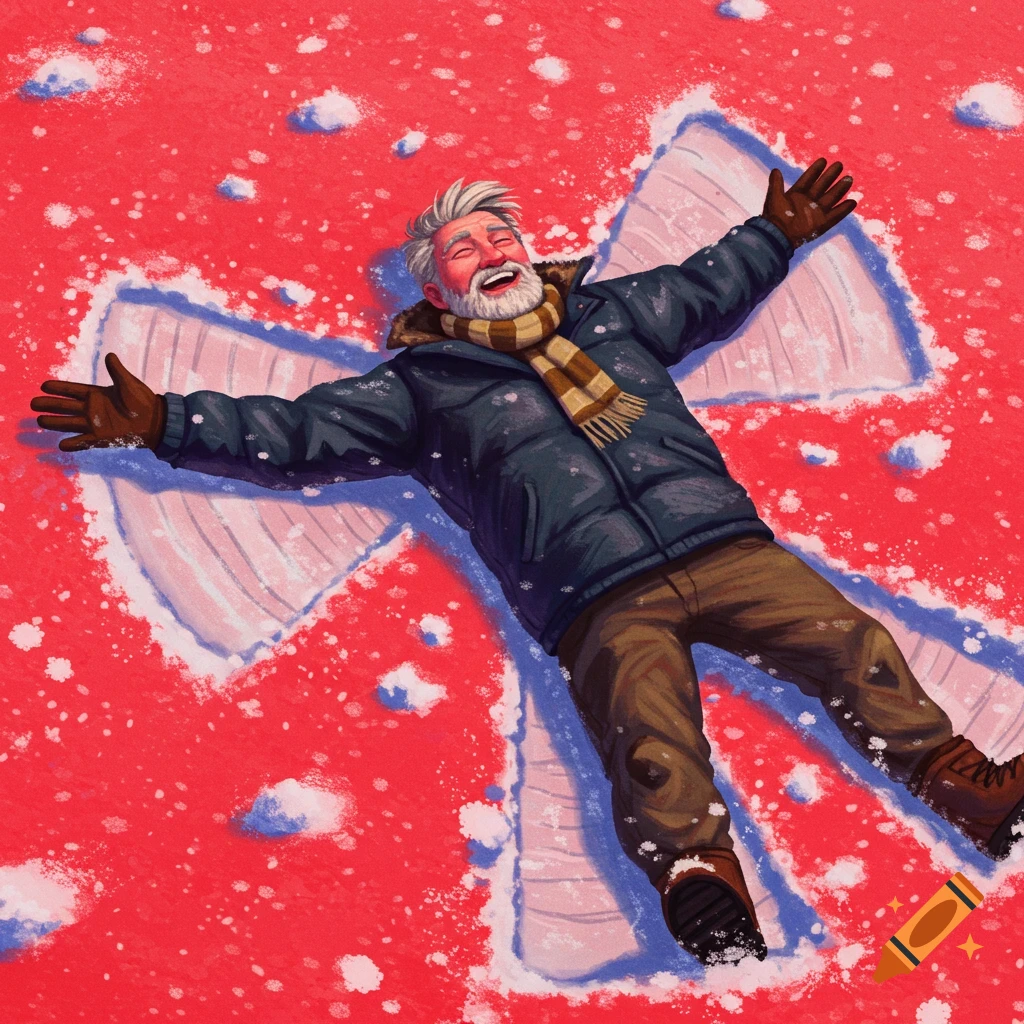 A bearded man making a snow angel in red snow.