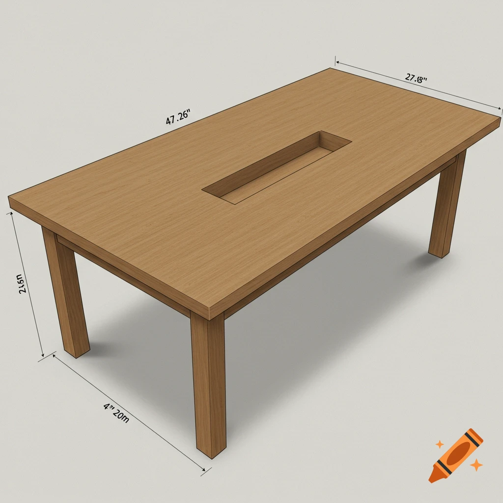 3D render of a wooden table with dimension labels.