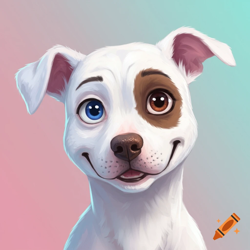 Cartoon dog with blue and brown eyes and a brown patch.