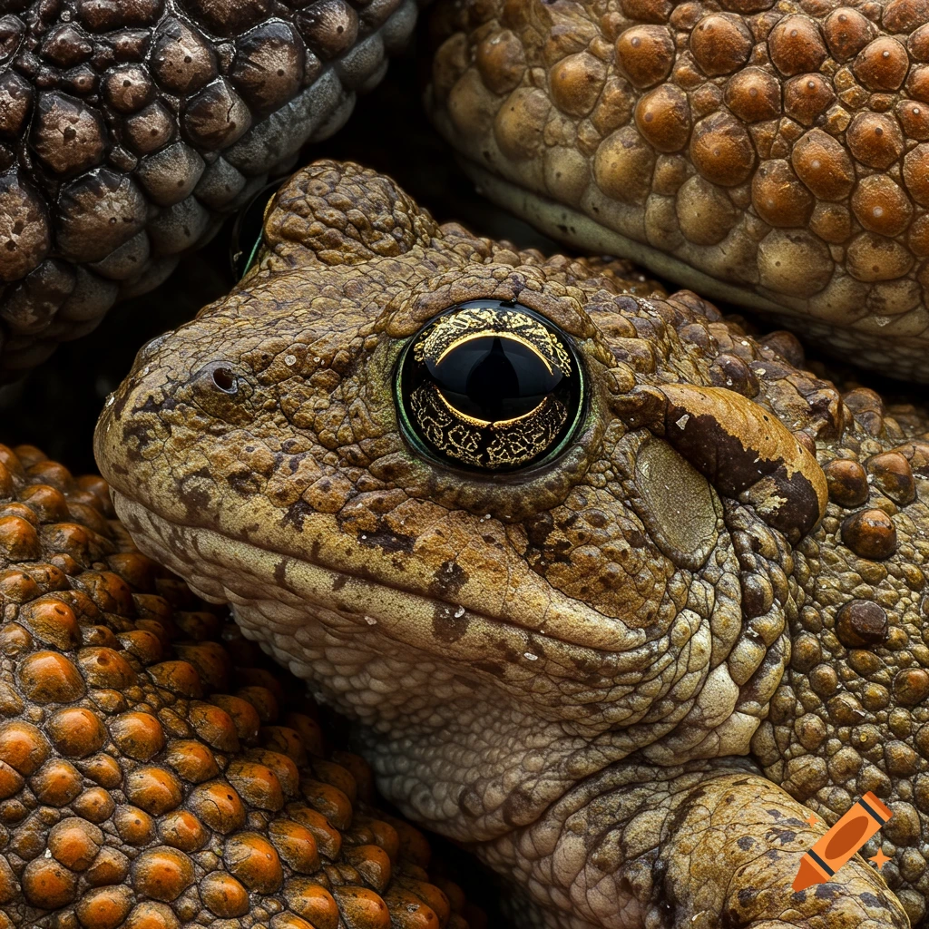Extreme close-up of a toad's head, showing detailed skin texture and eye.