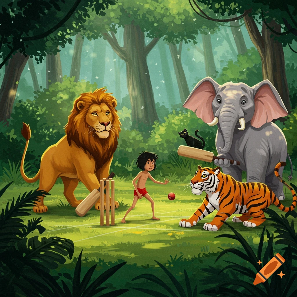 Mowgli and jungle animals playing cricket in a forest clearing.