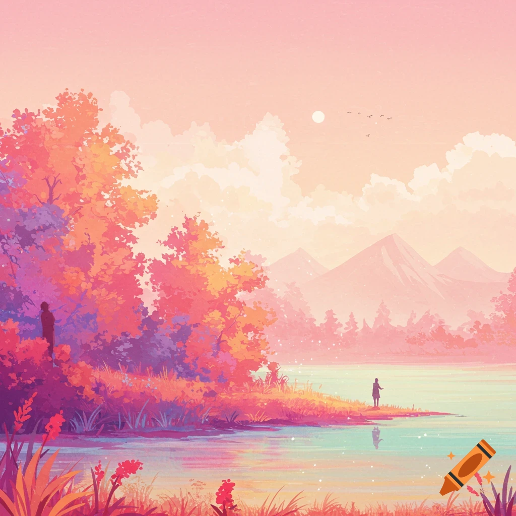 Stylized landscape with trees, lake, mountains, and two figures, featuring vibrant and colorful elements.