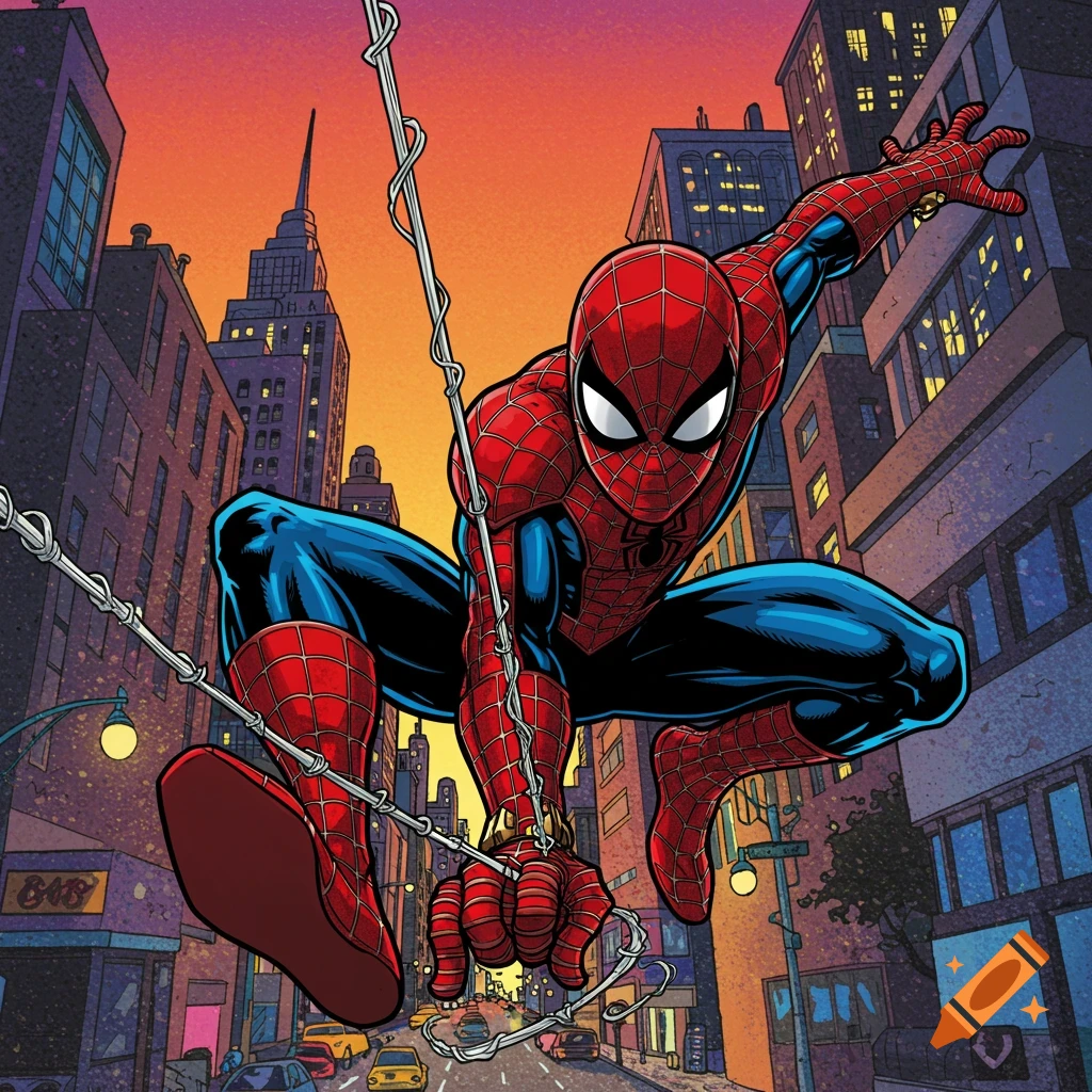 Spider-Man swinging on webs through a city street at sunset in a comic book style.