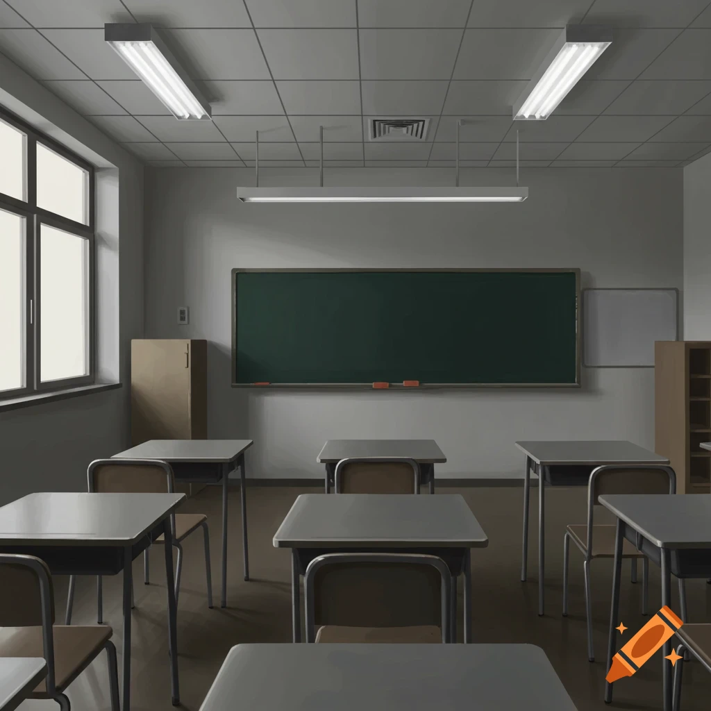 An empty classroom with desks, chairs, a blackboard, and windows.