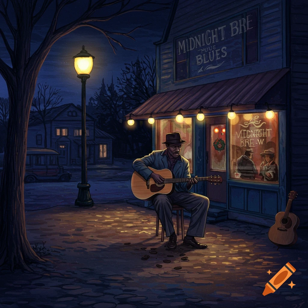 A musician plays guitar outside a blues club at night, digital art style.