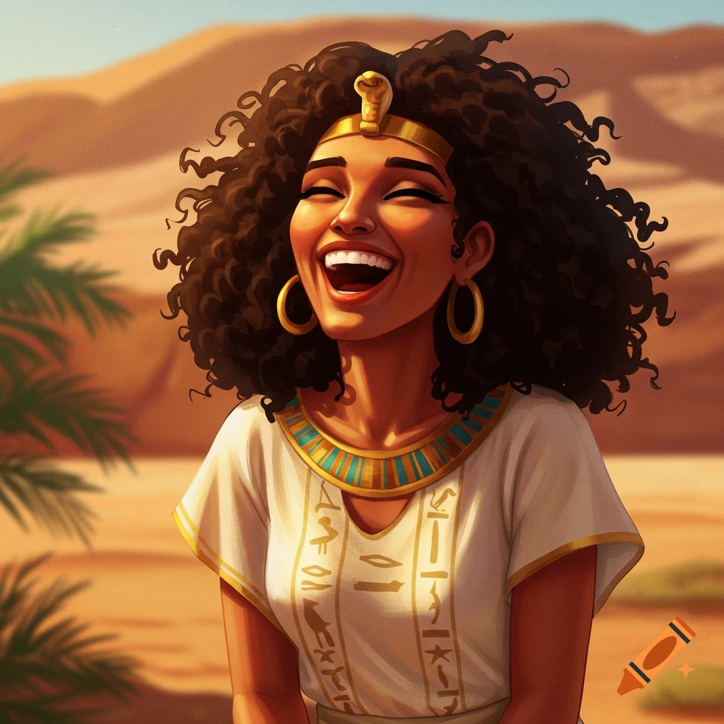 An Egyptian woman with curly hair and gold jewelry laughing in a desert.