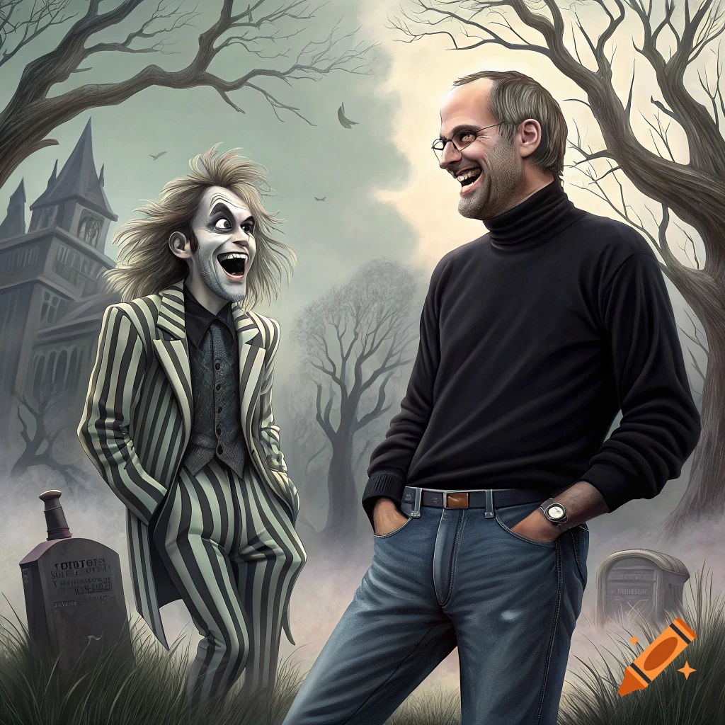 Illustrative portrait of Beetlejuice and Steve Jobs laughing together in a spooky graveyard.