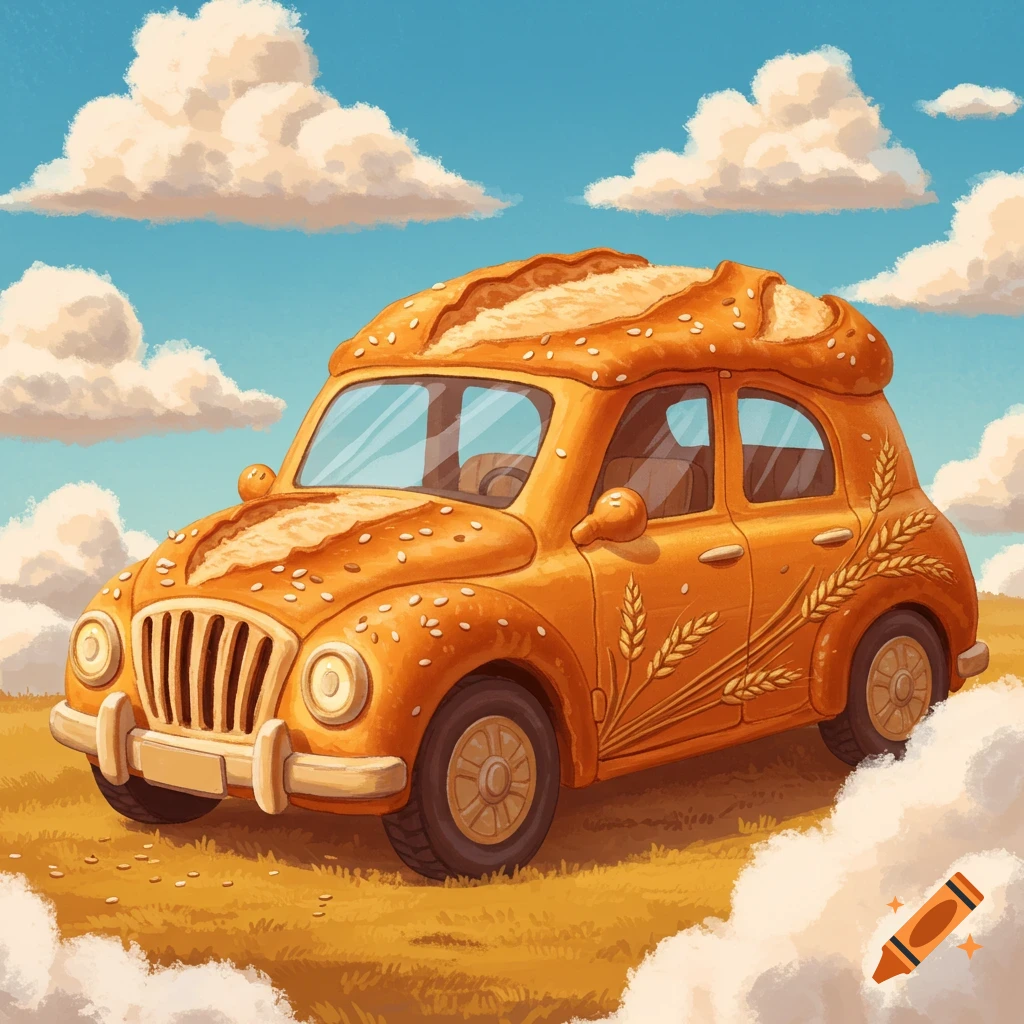 A cartoonish car made of bread with sesame seeds drives through a field under a cloudy sky.