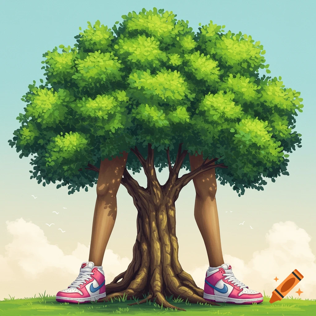 A tree with human legs wearing pink and white Nike sneakers stands in a grassy field.