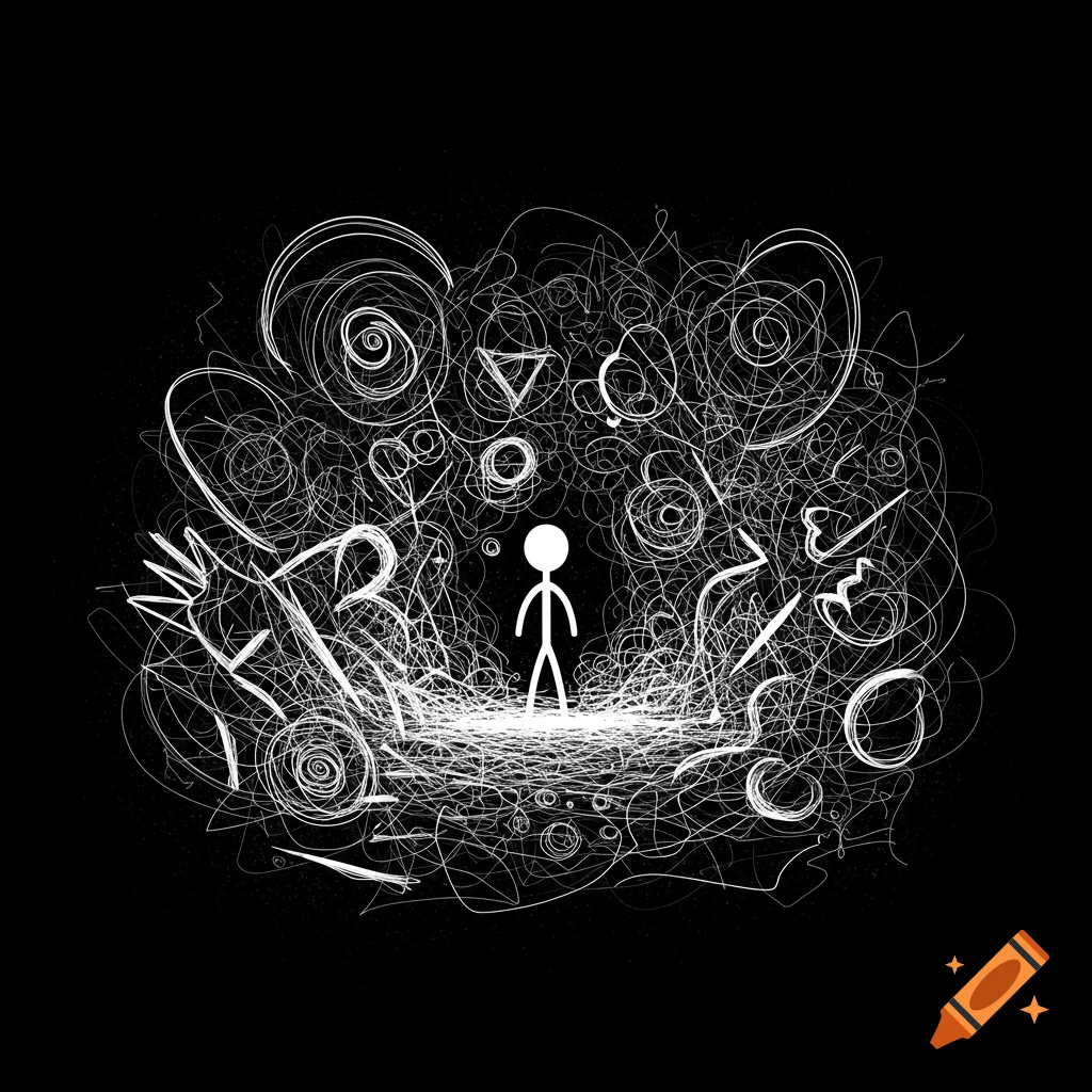 Minimalist black and white art of a stick figure surrounded by abstract swirls and lines