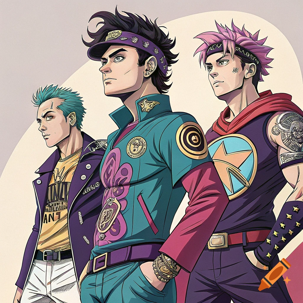 Three men in a stylized anime style wearing punk-inspired colorful outfits.