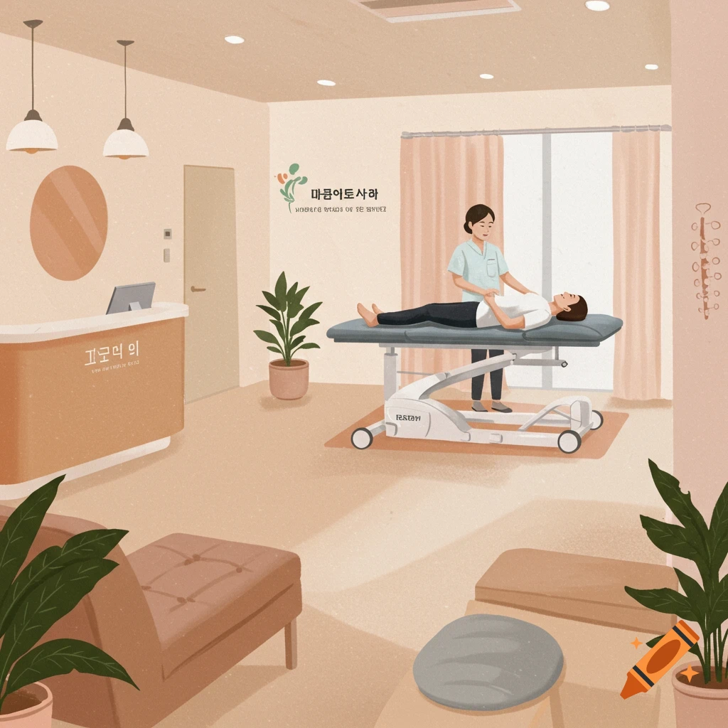 A physical therapy clinic interior with a therapist and patient.