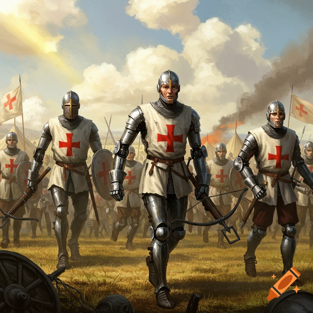 Robot crusaders with red crosses marching on a battlefield.