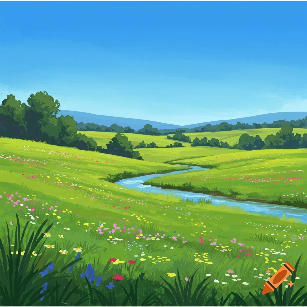 A lush green landscape with rolling hills, a winding river, and colorful wildflowers under a blue sky.