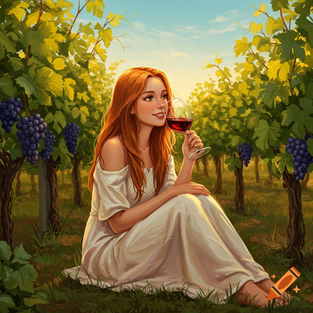 A woman drinking wine in a vineyard