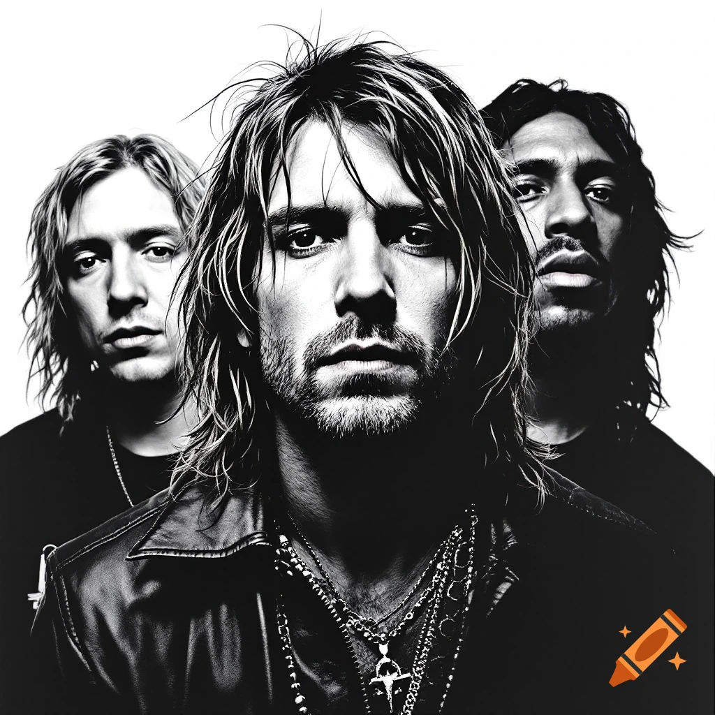Black and white portrait of three men, appearing as a band.