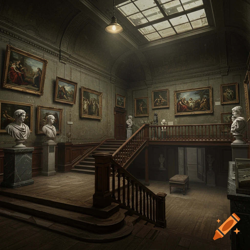An old, atmospheric museum room with paintings, sculptures, stairs, and a skylight.