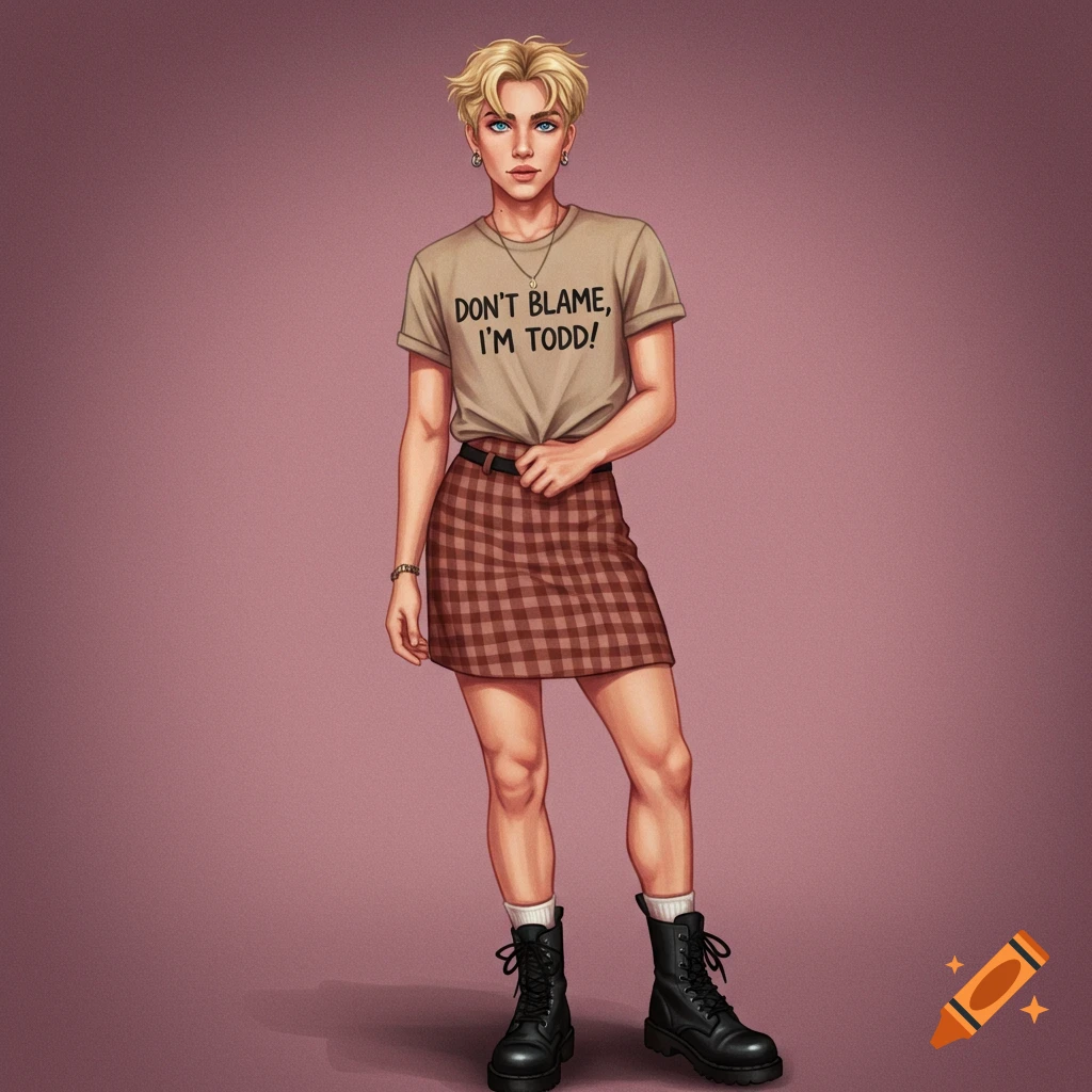 A person with blonde hair wearing a t-shirt that says 'Don't Blame, I'm Todd!', plaid skirt, and black boots.