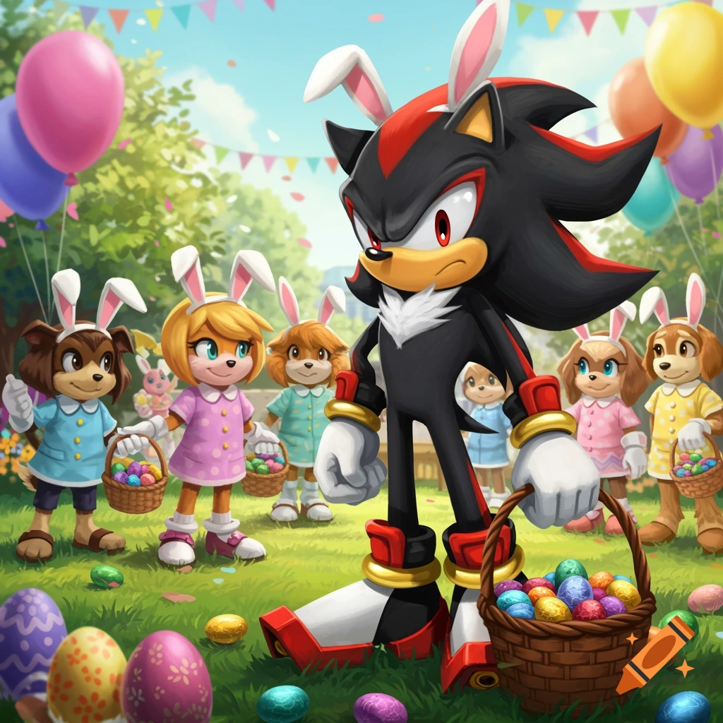 Shadow the Hedgehog and anthropomorphic animals at a vibrant Easter party with eggs and balloons.