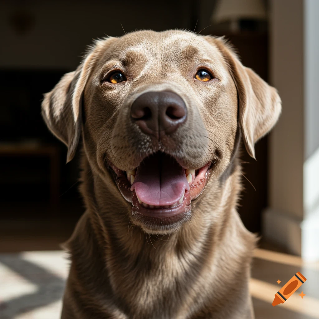 Close-up portrait of a happy silver Labrador dog smiling