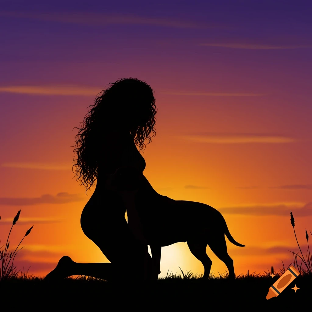 Silhouette of a woman kneeling with a dog against an orange and purple sunset.