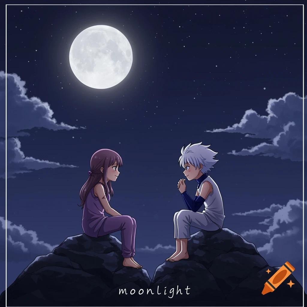 Anime illustration of two characters sitting on rocks under a full moon.