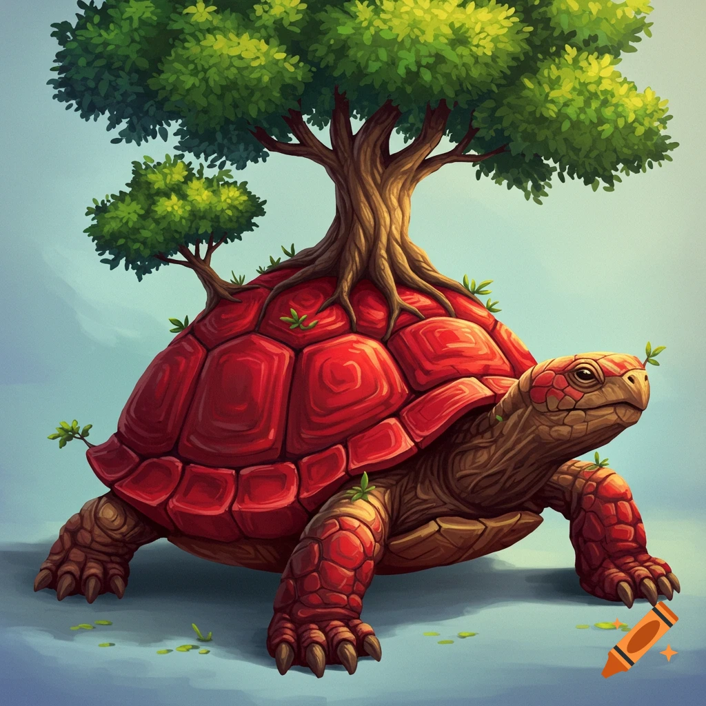 A red turtle with a tree growing from its shell.