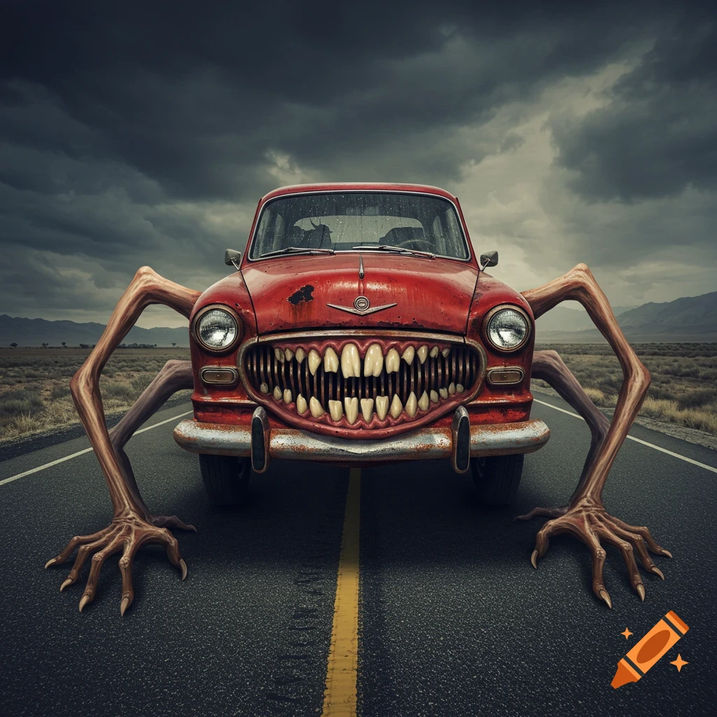A scary monster car with multiple limbs and sharp teeth sits on a road under a dark, stormy sky.